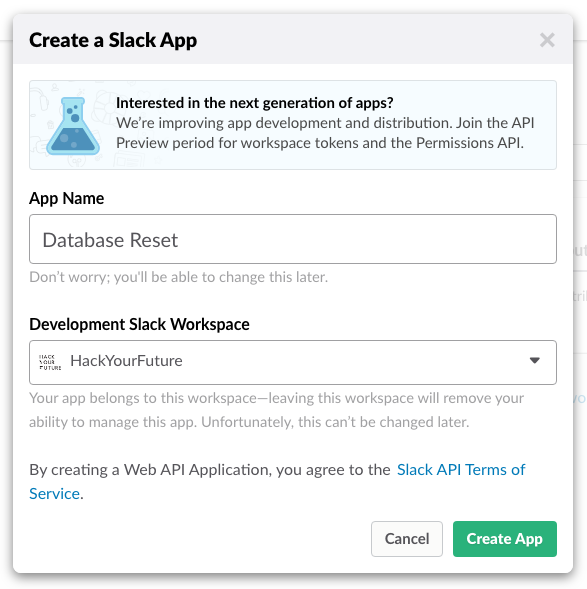 Create a Slack App dialog